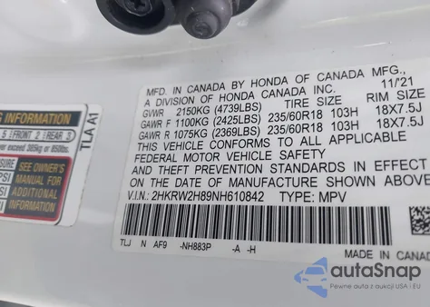 2022 Honda Cr-V Awd Ex-L z USA, uszkodzony, nr VIN 2HKRW2H89NH610842